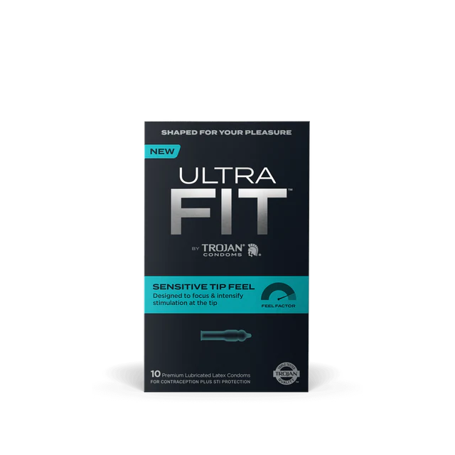 Packaging for Trojan Ultra Fit Sensitive Tip Condoms, displaying the product name and key features