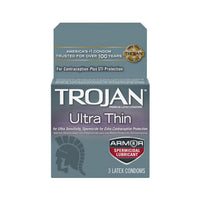 Packaging for Trojan Ultra Thin Armor Condoms with the claim of 'Ultimate Sensitivity' and 'Same Strength as Ultra Thin Trojan Latex Condoms'. It mentions the inclusion of a spermicidal lubricant and the product is designed for contraception plus STI protection.