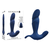 A navy blue anal plug with a textured shaft and a rounded head. The product is shown alongside its packaging which highlights features such as 'Textured Thrusting Shaft', 'Dual 10-Speed Motors', and 'Rose Gold Finish'.