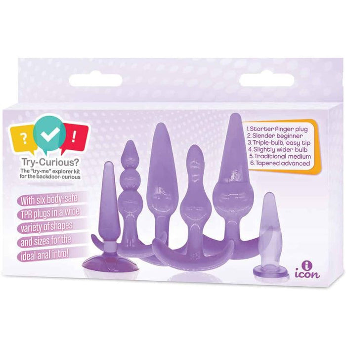 The product image shows the packaging of the Try-Curious Anal Toys Anal Plug Beginner Kit. The box is purple, with clear plastic windows displaying the anal plugs inside.