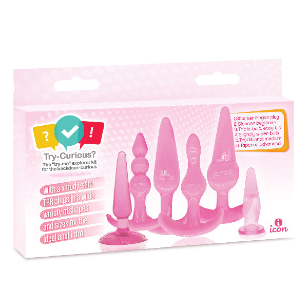 The product image shows the packaging of the Try-Curious Anal Toys Anal Plug Beginner Kit. The box is pink, with clear plastic windows displaying the anal plugs inside.