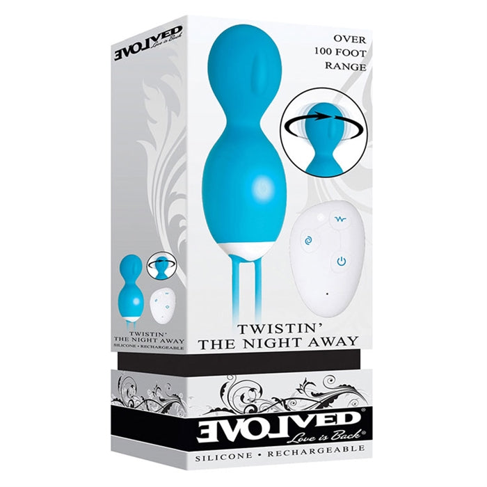 The product image shows the packaging of a blue remote vibrating egg. The box highlights features such as rotation and vibration, intense clitoral stimulation, and discreet panty-play.