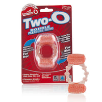The product image shows the packaging of the Two O Pleasure Vibrating Cock Ring. The packaging is predominantly red with the product name and features highlighted.