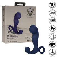 The product image shows a navy blue anal probe with a curved shaft and a flared base. The packaging highlights its rechargeable feature and 10 vibration functions.