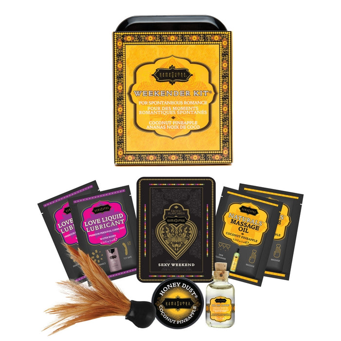 The image displays the Sex Weekender Tin Coconut Pineapple by Kama Sutra, a kit containing various romantic products. The products are shown alongside the tin which has a decorative, vintage-style design in colors yellow, black, and white.