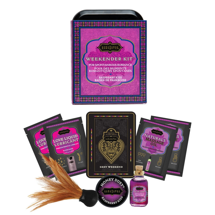kama sutra weekender kit in raspbery kiss with massage oils, honey dust and tickler