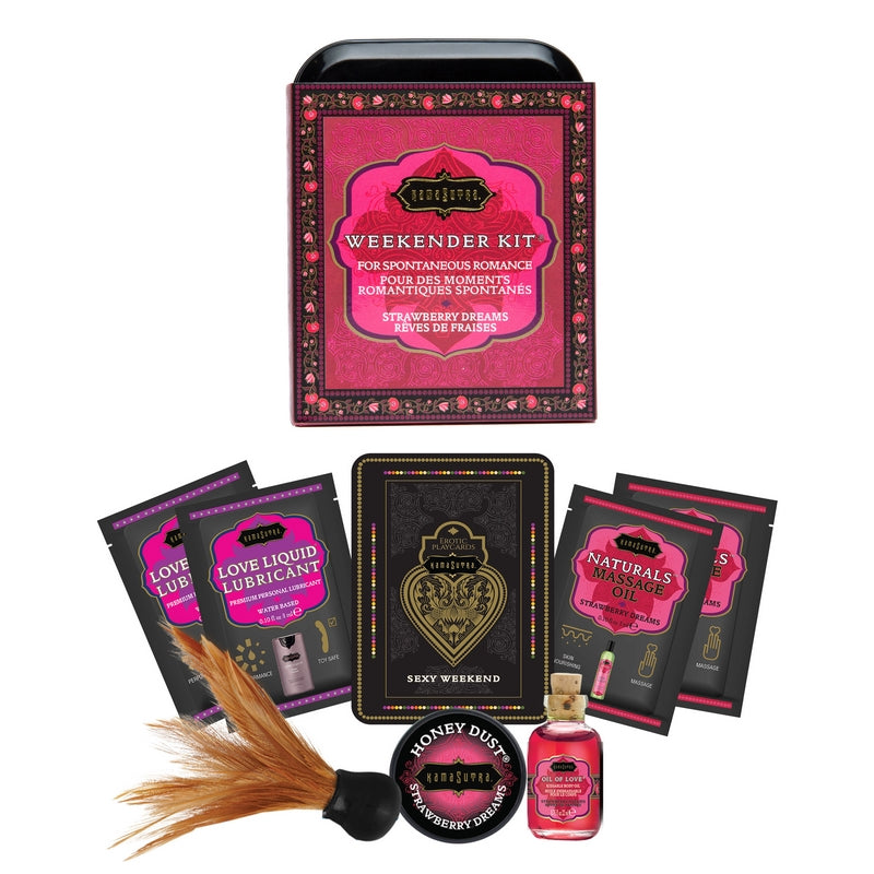 The image displays the Sex Weekender Kit Strawberry Dreams by Kama Sutra, which includes various intimate products in a travel-friendly package.