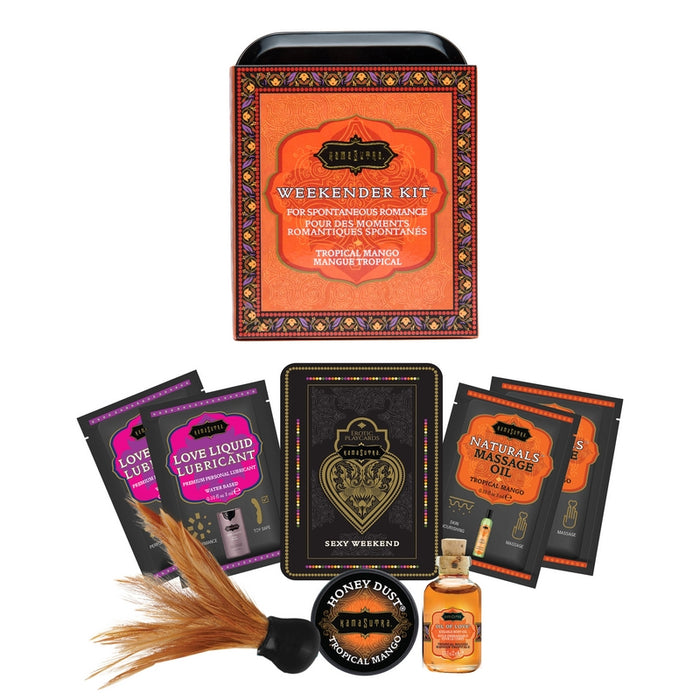 The image displays the Kama Sutra Weekender Kit Tropical Mango, presented in a decorative tin with orange and black hues. Contents include a small bottle of OIL OF LOVE, a packet of HONEY DUST body powder with a mini feather tickler, and cards labeled MINI FEATHER TICKLER.
