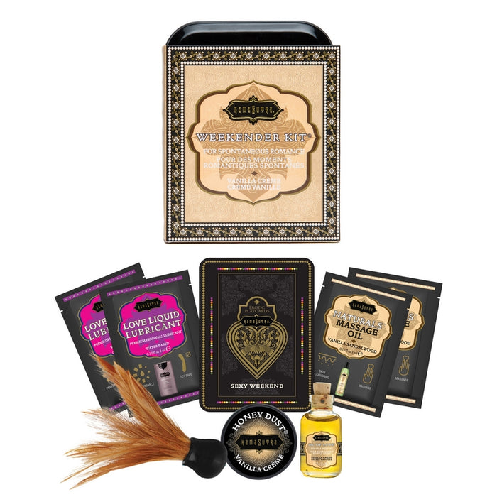 The product image features the Sex Weekender Tin Vanilla Crème by Kama Sutra. The tin is open, revealing various romantic essentials including bottles of body oil, packets of lubricant, and playcards.