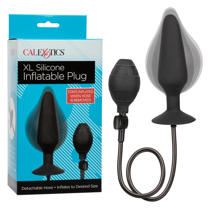 The image shows a black anal probe with a tapered design and a connected hose. The product is displayed in its packaging, which highlights features like the inflatable design and detachable hose.